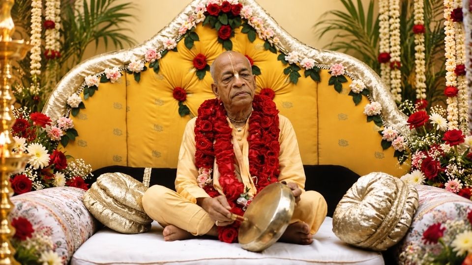 His Divine Grace Srila Prabhupada seated on Vyasasana during Kirtan